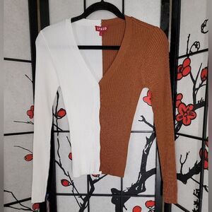 STAUD Colorblock Ribbed Contrast VNeck Sweater - White and Brown